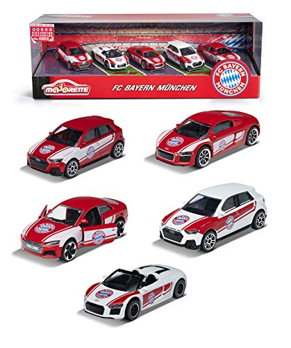 Majorette FC Bayern Múnich - Juego de 5 Coches de Juguete de Metal con Hoja de Pegatinas, artículo Oficial para niños a Partir de 3 años