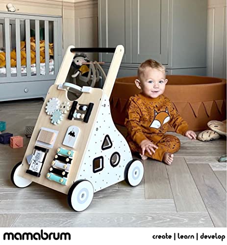 Mamabrum, Carro de Madera para Empujar y Caminar, Ruedas Antideslizantes y Bloques de Construcción, a Partir de 12 Meses, Andador Bebes De Madera - Regalo Bebe, Correpasillos Madera, Caminador Bebe