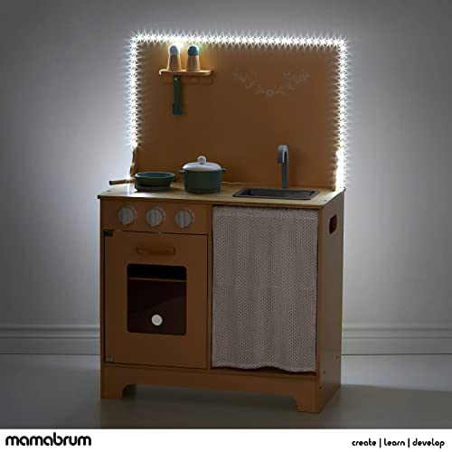 mamabrum Juego cocina para niños, cocina de madera con delantal, accesorios e iluminación LED, cocina infantil de madera con luz, cocina de juguete de madera, juguete de cocina, luz LED