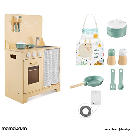 mamabrum Juego cocina para niños, cocina de madera con delantal, accesorios e iluminación LED, cocina infantil de madera con luz, cocina de juguete de madera, juguete de cocina, luz LED