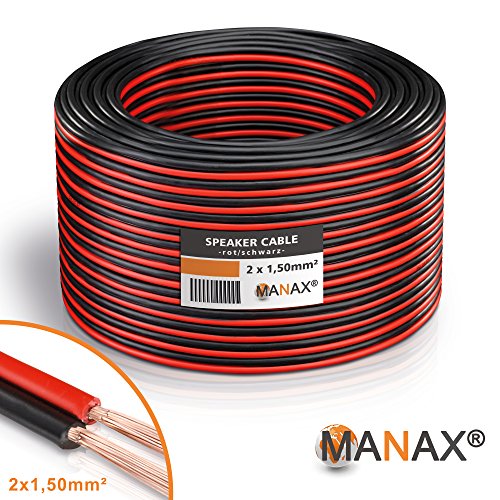 Manax - Cable para altavoces (2 x 1,5 mm², 30 m), color rojo y negro