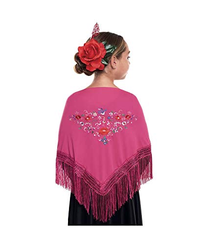 Mantón Manila Chulapa Niña【Talla Infantil 120 x 45 cm 】[Color Fucsia] Disfraz Chulapas Mantón Flamenco Bordado San Isidro