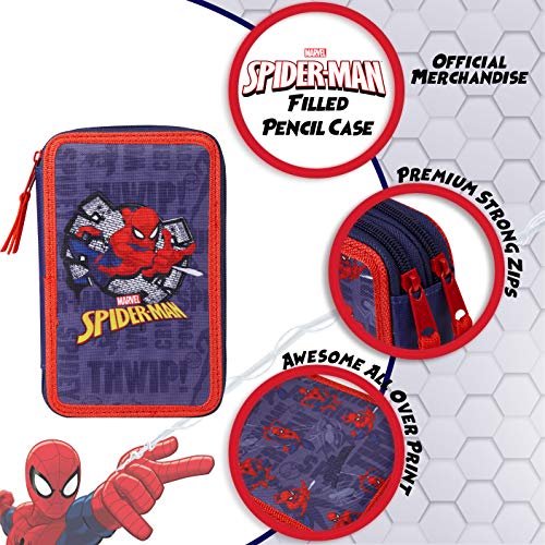 Marvel Spiderman Estuche Escolar, Incluye Material Escolar, Estuche Pinturas Para Niños 2 Compartimentos con Lapices y Rotuladores de Colores, Regalos Para Niños