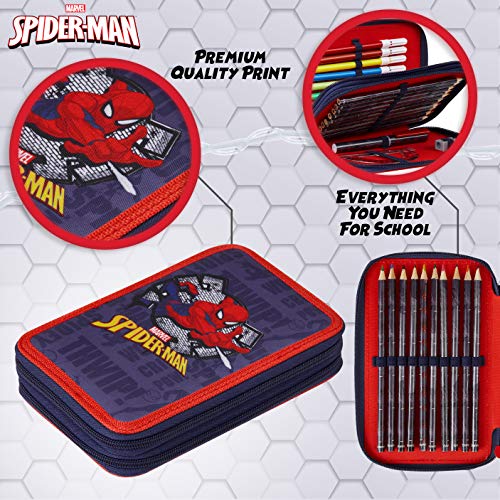 Marvel Spiderman Estuche Escolar, Incluye Material Escolar, Estuche Pinturas Para Niños 2 Compartimentos con Lapices y Rotuladores de Colores, Regalos Para Niños