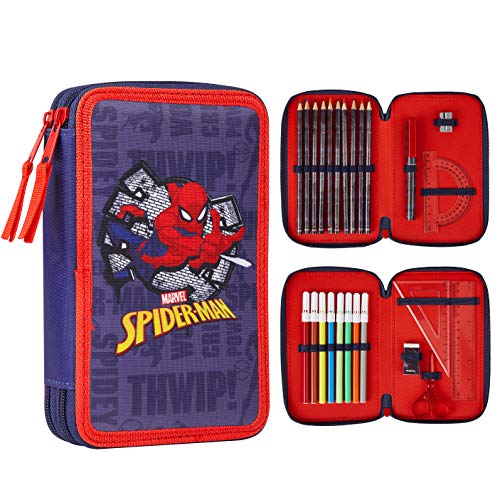 Marvel Spiderman Estuche Escolar, Incluye Material Escolar, Estuche Pinturas Para Niños 2 Compartimentos con Lapices y Rotuladores de Colores, Regalos Para Niños