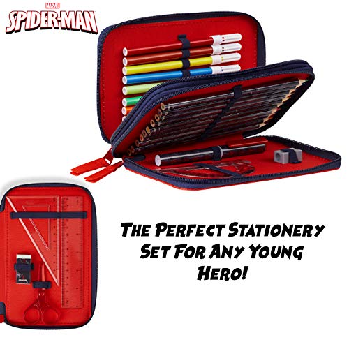 Marvel Spiderman Estuche Escolar, Incluye Material Escolar, Estuche Pinturas Para Niños 2 Compartimentos con Lapices y Rotuladores de Colores, Regalos Para Niños