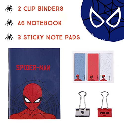 Marvel Spiderman Juego de Papelería, Incluye Lápices, Regla, Cuaderno A6, Borrador, Sacapuntas, Notas Adhesivas, Clips, Estuche, Set Escolar para Niños