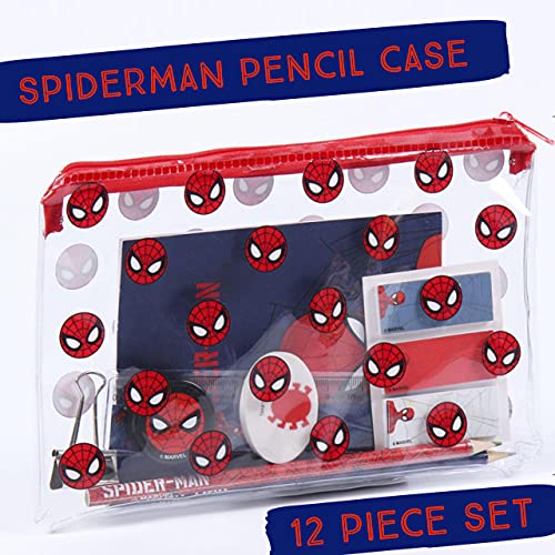 Marvel Spiderman Juego de Papelería, Incluye Lápices, Regla, Cuaderno A6, Borrador, Sacapuntas, Notas Adhesivas, Clips, Estuche, Set Escolar para Niños