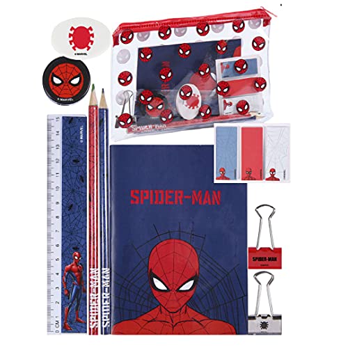 Marvel Spiderman Juego de Papelería, Incluye Lápices, Regla, Cuaderno A6, Borrador, Sacapuntas, Notas Adhesivas, Clips, Estuche, Set Escolar para Niños