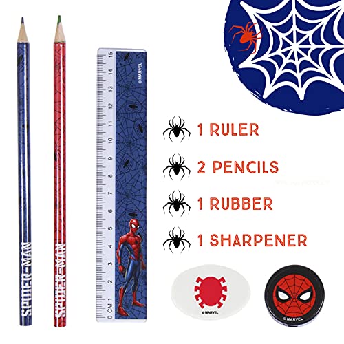 Marvel Spiderman Juego de Papelería, Incluye Lápices, Regla, Cuaderno A6, Borrador, Sacapuntas, Notas Adhesivas, Clips, Estuche, Set Escolar para Niños