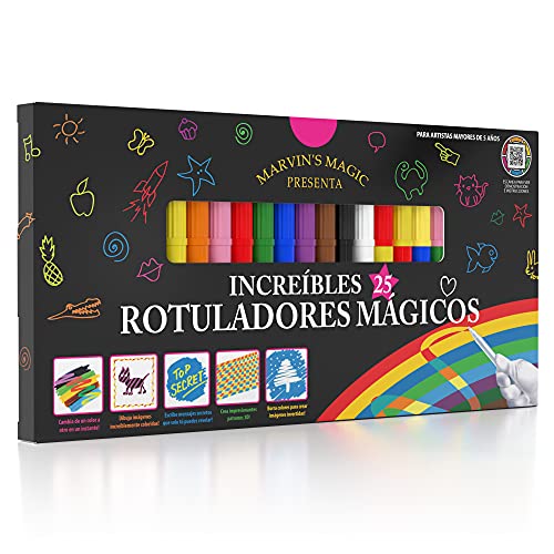 Marvin's Magic - Juego de Rotuladores Mágicos Que Cambian de Color - CREA Letras en 3D o Escribe Mensajes Secretos - Materiales Artísticos Mágicos - 25 Bolígrafos Mágicos de Colores