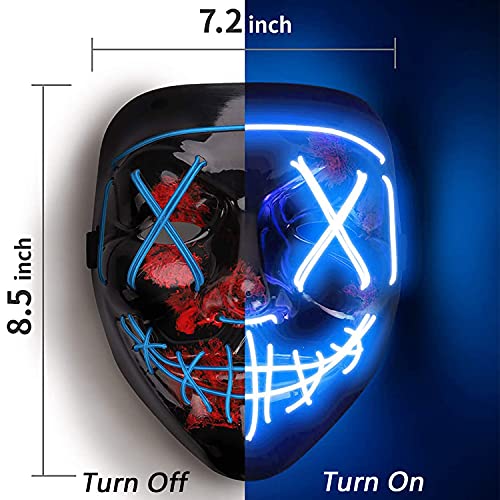 Máscara LED de Halloween – Máscara de luz LED Máscara de miedo de alambre EL para mascarada Cosplay Light Up Máscara facial para niños, hombres, mujeres, fiesta de Halloween (azul hielo)