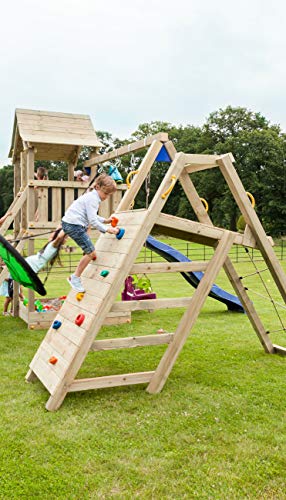 MASGAMES | Parque Infantil Torre Pagoda L con @Challenger | Altura Plataforma 120 cm | con Anclajes incluidos | Uso doméstico | rocódromo Infantil y Red de trepar | Columpio de Dos plazas |