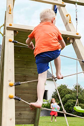 MASGAMES | Parque Infantil Torre Pagoda L con @Challenger | Altura Plataforma 120 cm | con Anclajes incluidos | Uso doméstico | rocódromo Infantil y Red de trepar | Columpio de Dos plazas |