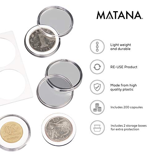 MATANA - 200 Piezas Cápsulas de Soporte de Monedas/Estuche Plastico Juntas de EVA/Caja Clasificadora de Almacenamiento y Colección de Monedas