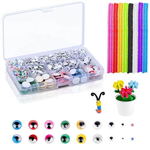 Matogle 1600pcs Ojos Autoadhesivos para DIY Manualidades Ojos Móviles de Colores para Muñecos Accesorios Finos para Manualidades Distintos Tamaños con Tallos de Chenilla Multicolores