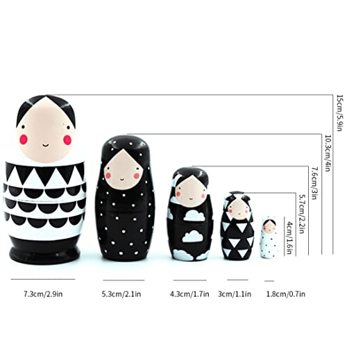 Matryoshka ruso de madera Muñecas de madera en blanco y negro Muñecas de muñeca rusa para niños Decoración de regalo de juguete 5pcs bonita decoración del hogar Artesanía