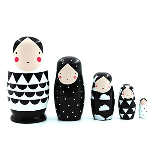 Matryoshka ruso de madera Muñecas de madera en blanco y negro Muñecas de muñeca rusa para niños Decoración de regalo de juguete 5pcs bonita decoración del hogar Artesanía