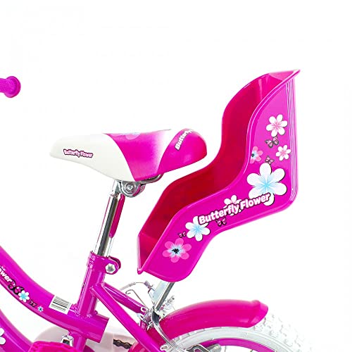 Mediawave Store - Bicicleta Butterfly Fly Flower, talla 12, bicicleta para niña 510132, edad 2-5 años, idea regalo, bicicleta para niña, niña, rosa y blanco, con porta muñecas