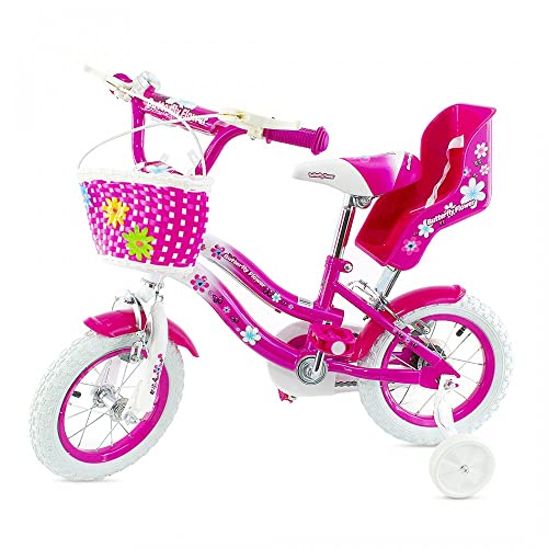 Mediawave Store - Bicicleta Butterfly Fly Flower, talla 12, bicicleta para niña 510132, edad 2-5 años, idea regalo, bicicleta para niña, niña, rosa y blanco, con porta muñecas