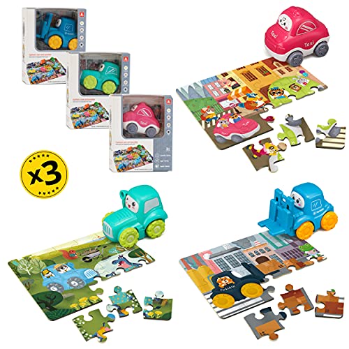 meimii – 3X Puzzle Coches De Juguete para Niños - 3 Vehículos Inercia, Tres Rompecabezas, Taxi, Tractor, Montacargas, Juego para Niños 2 3 4 5 Años, Divertido Y Educativo Regalo De Cumpleaños (Set3)