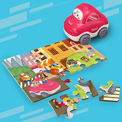 meimii – 3X Puzzle Coches De Juguete para Niños - 3 Vehículos Inercia, Tres Rompecabezas, Taxi, Tractor, Montacargas, Juego para Niños 2 3 4 5 Años, Divertido Y Educativo Regalo De Cumpleaños (Set3)