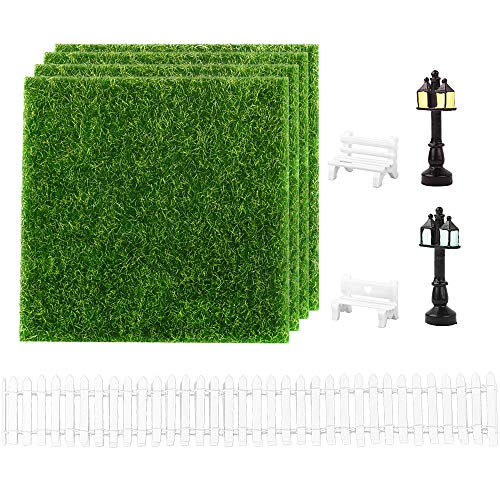 MEJOSER 90cm Mini Vallas Madera para Jardín + 4pcs Césped Artificial 2 Farolas 2 Bancos en Miniatura para Micro Paisajes Jardín en Miniatura