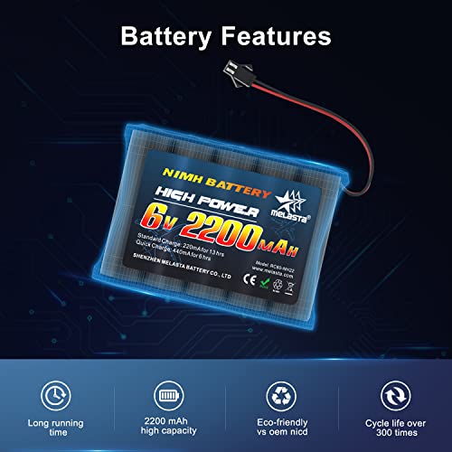 melasta 2piezas 6V 2200mAh Ni-MH AA Paquete de baterías recargables compatible with enchufe SM-2P de 2 pines y cable de cargador USB para vehículos de camiones RC