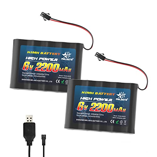 melasta 2piezas 6V 2200mAh Ni-MH AA Paquete de baterías recargables compatible with enchufe SM-2P de 2 pines y cable de cargador USB para vehículos de camiones RC