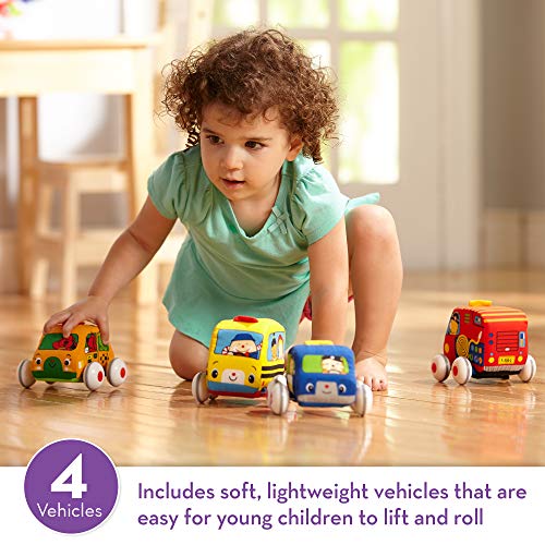 Melissa & Doug K's Kids Pull-Back Vehicle Set - Soft Baby Toy Set With 4 Cars and Trucks and Carrying Case