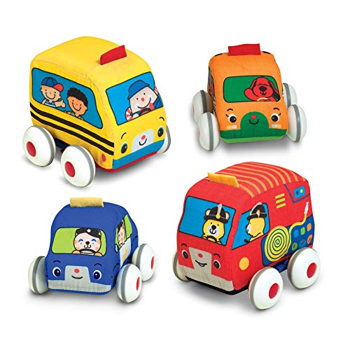 Melissa & Doug K's Kids Pull-Back Vehicle Set - Soft Baby Toy Set With 4 Cars and Trucks and Carrying Case