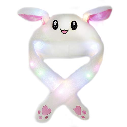 MENGZHEN - Gorro de Conejo de Peluche con Orejas Que se levantan al presionar Las Patas, Blanco con LED.