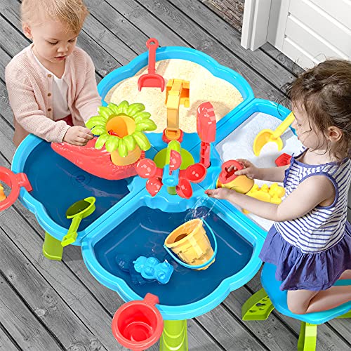 Mesa de arena y agua 4 en 1 para niños, mesa de actividades de juego en la playa, caja de arena con cubierta para niños pequeños, mesa sensorial, juguetes de playa, para niños, mesa de arena