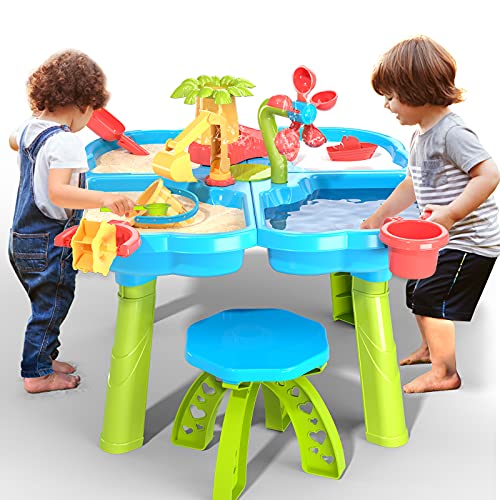 Mesa de arena y agua 4 en 1 para niños, mesa de actividades de juego en la playa, caja de arena con cubierta para niños pequeños, mesa sensorial, juguetes de playa, para niños, mesa de arena