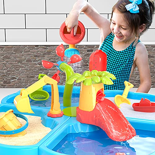 Mesa de arena y agua 4 en 1 para niños, mesa de actividades de juego en la playa, caja de arena con cubierta para niños pequeños, mesa sensorial, juguetes de playa, para niños, mesa de arena