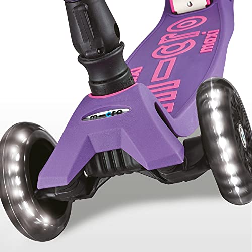 Micro® Maxi Deluxe Plegable LED, Patinete 3 Ruedas, 5-12 Años, Peso 2,5kg, Carga Máx 70Kg, Altura 67-91 cm, Plataforma Antideslizante Polipropileno (Flexible, Alta Resistencia) (Morado)