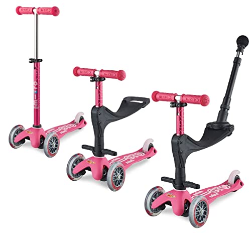 Micro® Mini 3en1 Deluxe Plus. El Original. Patinete evolutivo 3 Ruedas, 1-5 años, Manillar Regulable 48-68cm, Asiento + Reposapiés + Bastón de Empuje (Rosa)