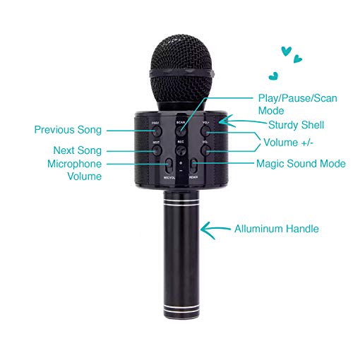 Micrófono de Karaoke, Micrófono Bluetooth, Micrófono portátil inalámbrico con grabación de altavoz para adultos y niños, Micrófono para niños, Regalo (Negro)