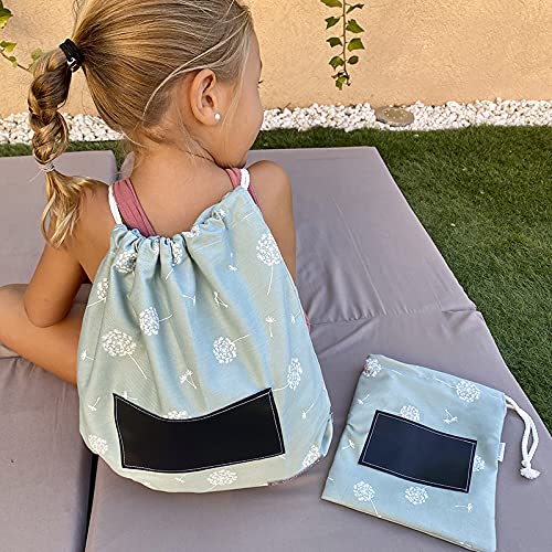 MIMUSELINA Mochilas guardería. Bolsa tela con cuerdas para guarde. Pack bolsa grande y bolsa pequeña guardamuda anti-calado. Mochila infantil pintar Nombre con rotulador Tiza (Diente menta)