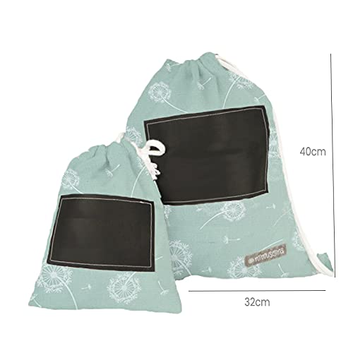 MIMUSELINA Mochilas guardería. Bolsa tela con cuerdas para guarde. Pack bolsa grande y bolsa pequeña guardamuda anti-calado. Mochila infantil pintar Nombre con rotulador Tiza (Diente menta)