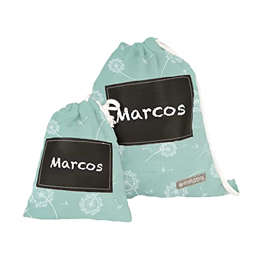 MIMUSELINA Mochilas guardería. Bolsa tela con cuerdas para guarde. Pack bolsa grande y bolsa pequeña guardamuda anti-calado. Mochila infantil pintar Nombre con rotulador Tiza (Diente menta)