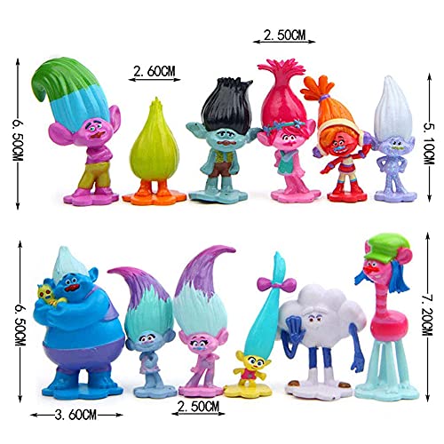 Mini Juego de Figuras,12pcs Trolls Doll Cake Topper Decoración de pastel de cumpleaños de dibujos animados para Cumpleaños Decoración de La Torta del fiesta suministros