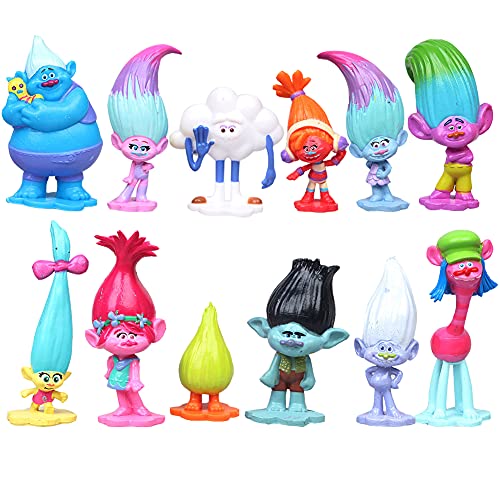 Mini Juego de Figuras,12pcs Trolls Doll Cake Topper Decoración de pastel de cumpleaños de dibujos animados para Cumpleaños Decoración de La Torta del fiesta suministros