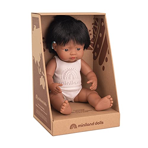 Miniland- Muñeco bebé latinoamericano con implante coclear de 38 cm en Caja de Regalo y con Ropa Interior (31117)