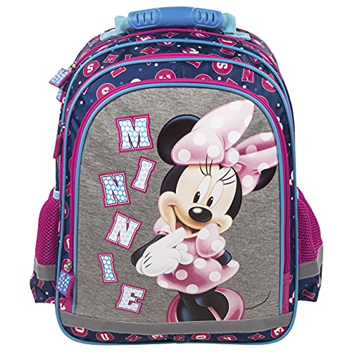 Minnie Mouse - Mochila grande para niños con compartimentos principales, bolsillos laterales y bolsillo frontal, incluye red para bebidas, Azul Gris Rosa Mm21, 38 x 28 x 18 cm, Mochila infantil