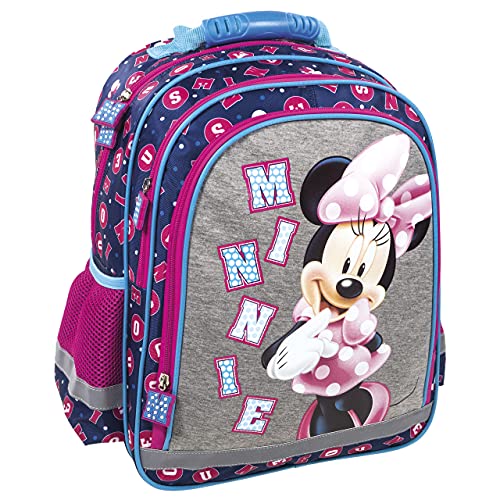 Minnie Mouse - Mochila grande para niños con compartimentos principales, bolsillos laterales y bolsillo frontal, incluye red para bebidas, Azul Gris Rosa Mm21, 38 x 28 x 18 cm, Mochila infantil