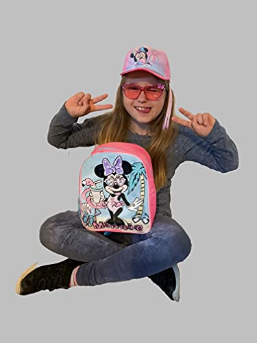 MinnieMouse Moderno juego de 3 piezas con mochila, gorra y gafas de sol, todo en un aspecto a juego para niñas. Set Pink Cap Talla única