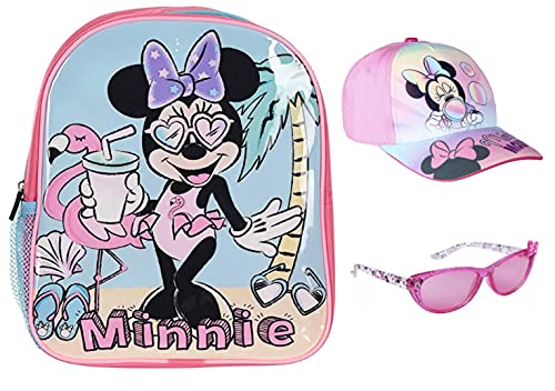 MinnieMouse Moderno juego de 3 piezas con mochila, gorra y gafas de sol, todo en un aspecto a juego para niñas. Set Pink Cap Talla única