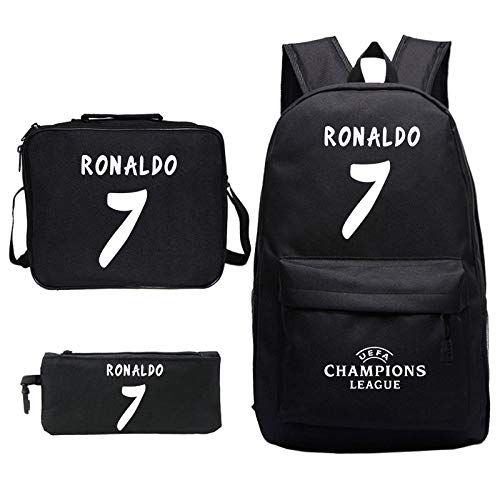 Mochila Impresa R-o-n-a-l-d-o C-r-i-s-t-i-a-n-o Personalizada + Bolsa de Almuerzo + Bolsa de lápices Mochila Escolar Negra de Tres Piezas para Estudiantes-Patrón 5_Traje de Tres Piezas