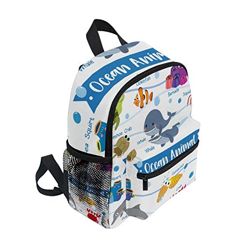 Mochila infantil con diseño de animales del océano, ballena, calamar, payaso, caballito de mar, tortuga, cangrejo ligero, bolsa de viaje para niños con clip para el pecho